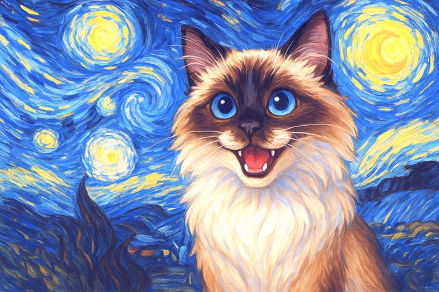 Kot rasy ragdoll na tle gwiaździstej nocy – obraz w stylu Van Gogha